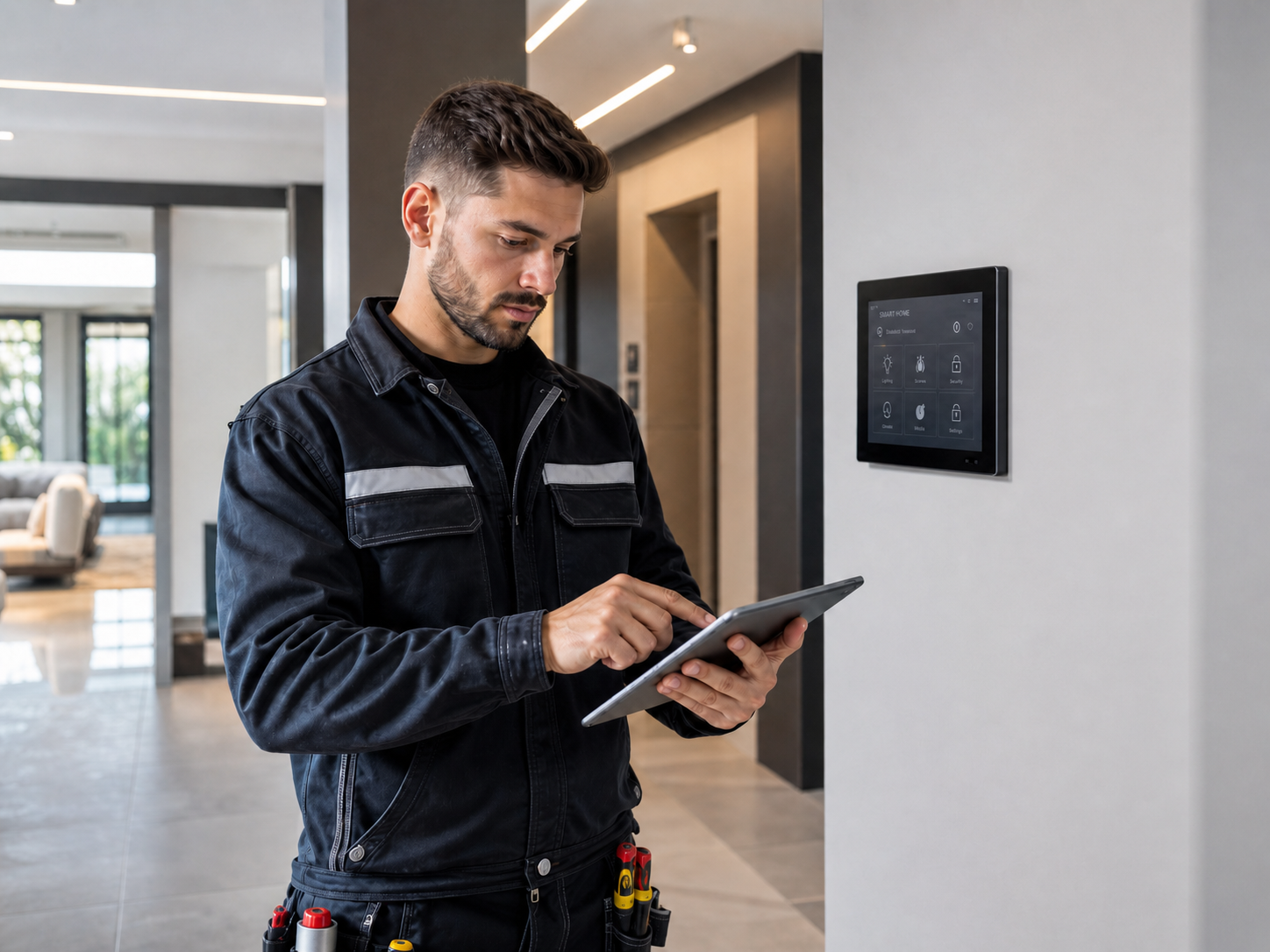 Elektriker mit Tablet vor einem Smart-Home-Bedienpanel im Eingangsbereich eines Bestandshauses.